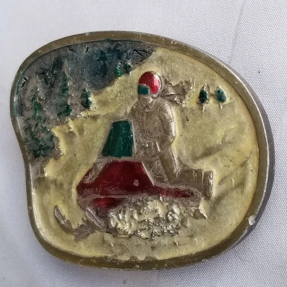 Vintage Belt Buckle 1977 Snowmobile Riding On Snow‎ Colorized USA By Bergamot